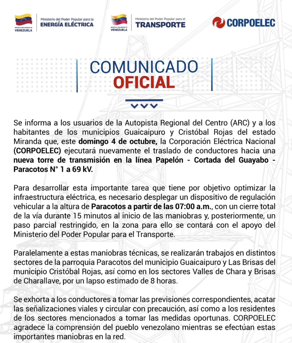 Corte eléctrico de seis horas afectará este 4Oct a sectores de Paracotos